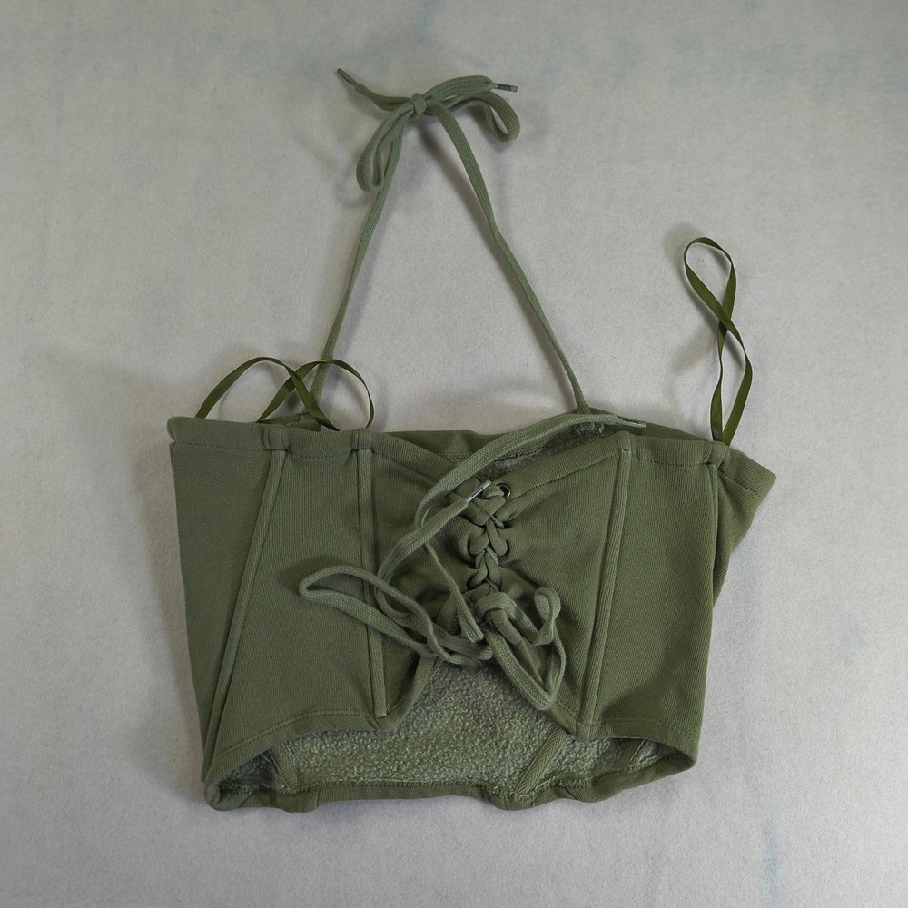 Broken Promises Olive Green Halter Crop Top Corset Lace Up Streetwear Y2K S - Picture 4 of 6